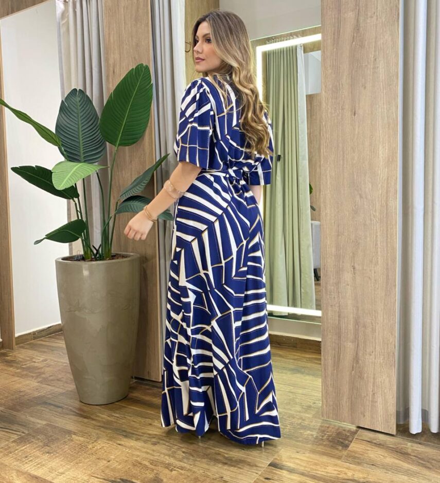 Vestido Longo sem Bojo Plus Estampado Azul com Amarração - Fernanda Ramos Store