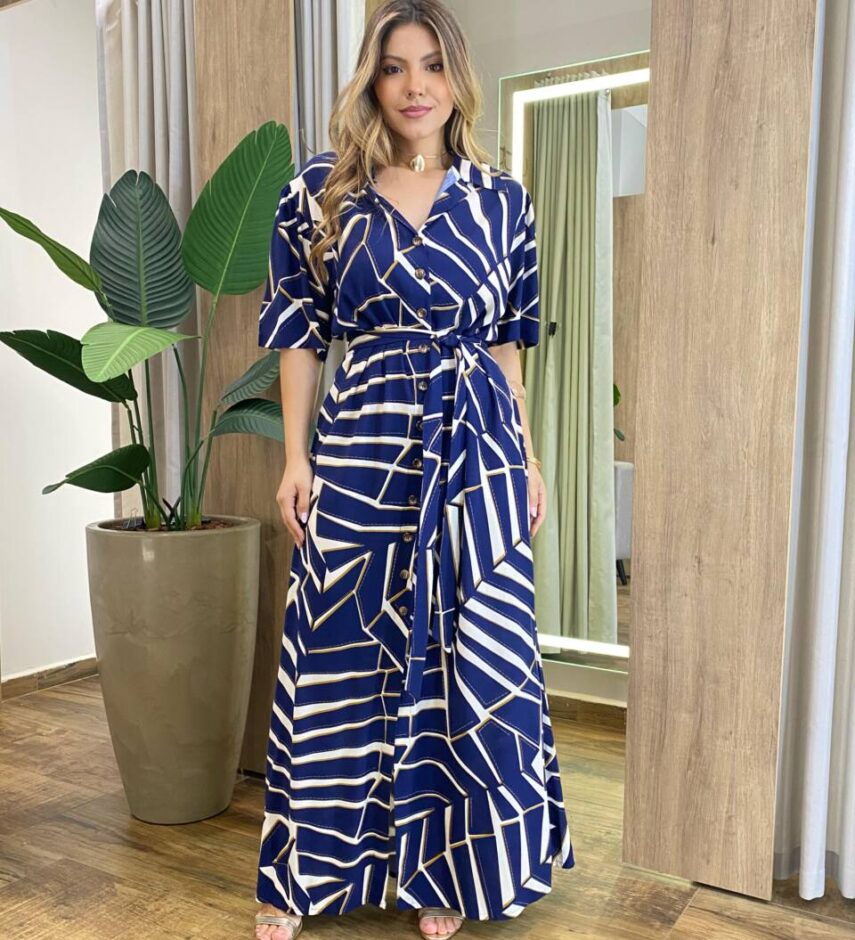 Vestido Longo sem Bojo Plus Estampado Azul com Amarração - Fernanda Ramos Store