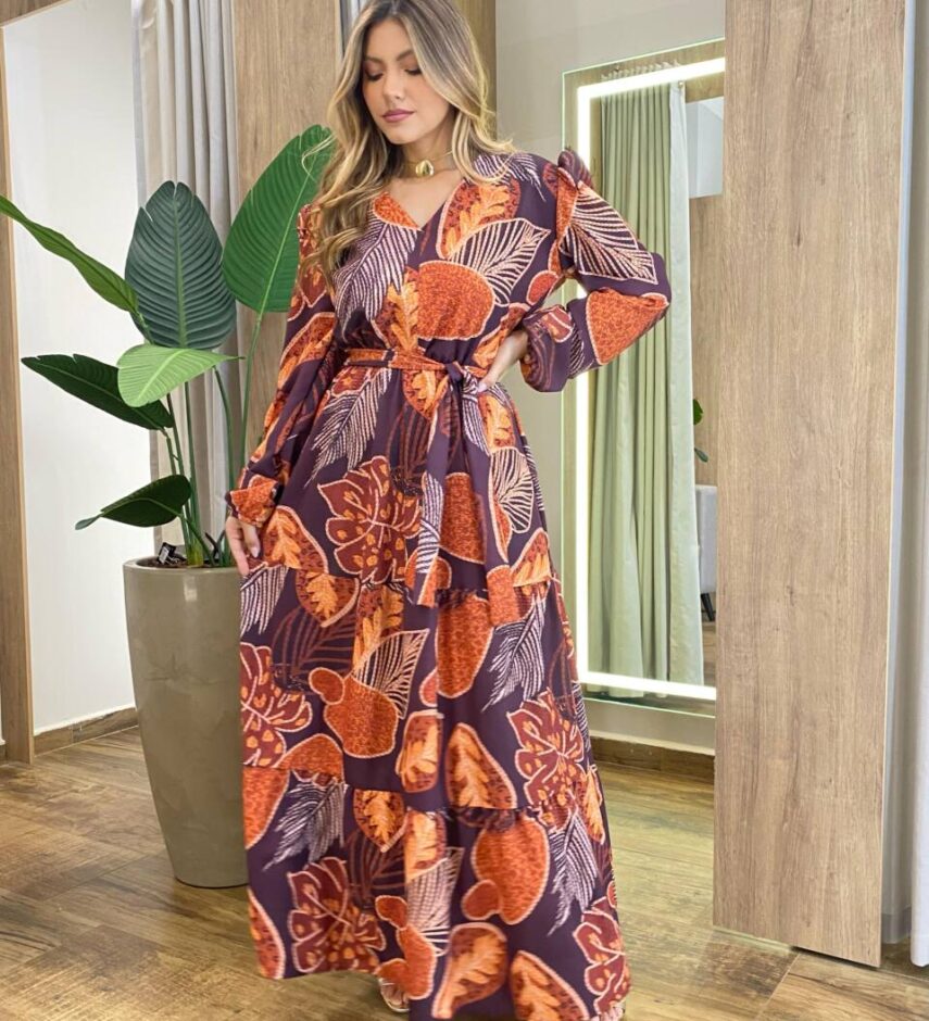 Vestido Longo sem Bojo Plus Manga Longa Estampa Floral Marrom - Fernanda Ramos Store