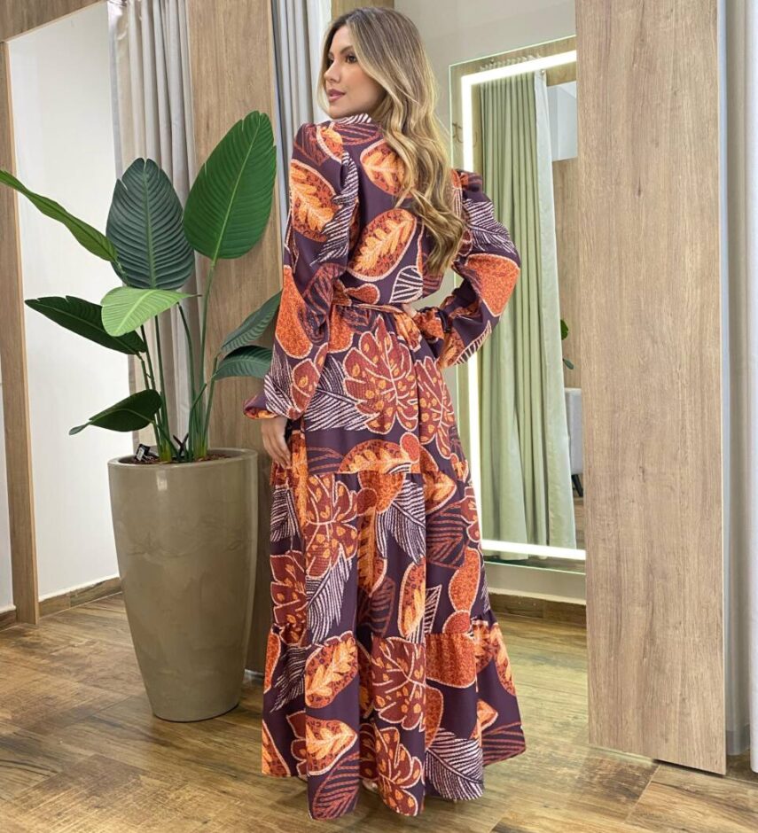 Vestido Longo sem Bojo Plus Manga Longa Estampa Floral Marrom - Fernanda Ramos Store