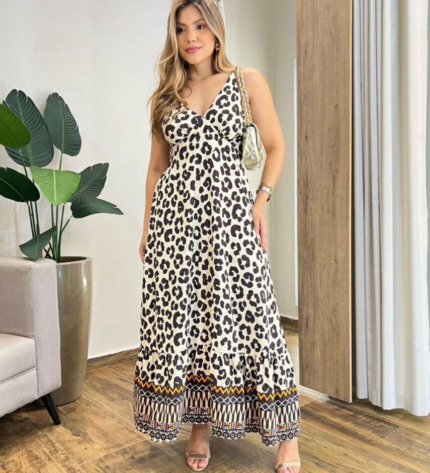 Vestido Longo Tati sem Bojo Alça Regulável Animal Print Cru - Fernanda Ramos Store