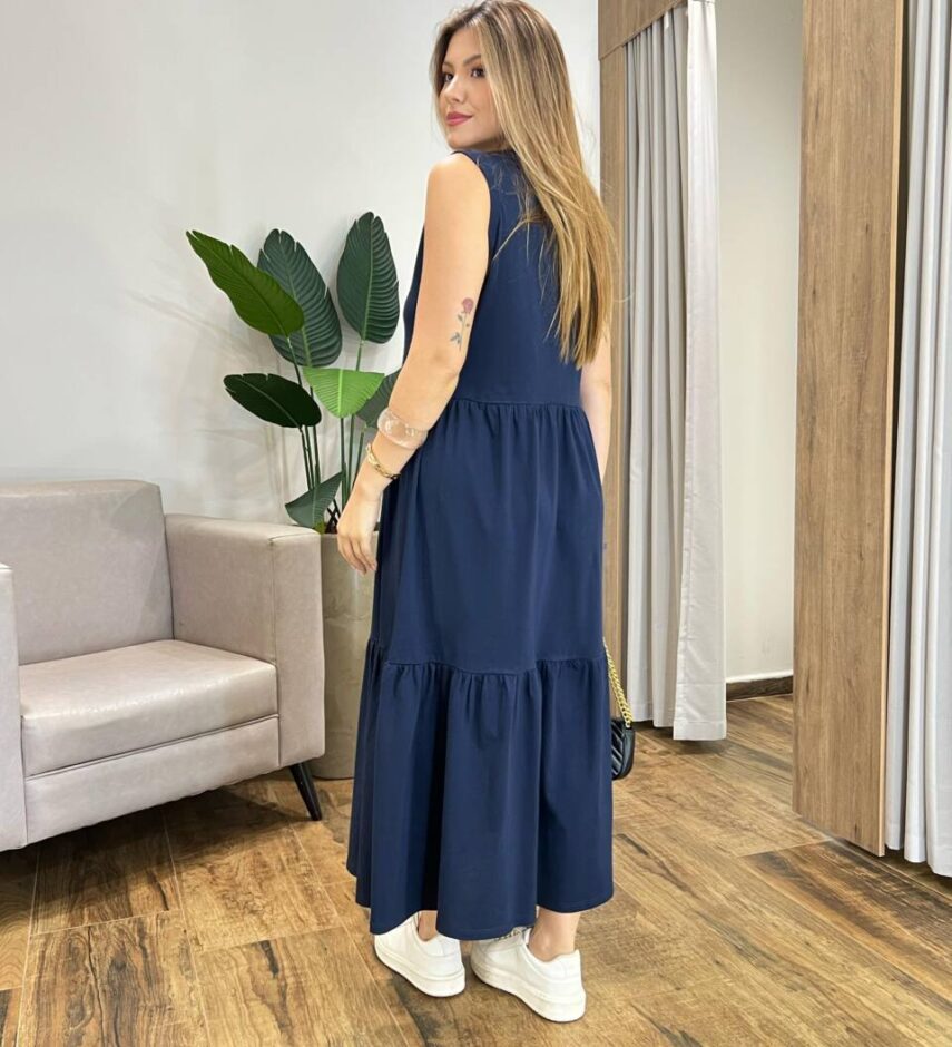 Vestido Longo Zury sem Bojo Comfort Cavado Azul Marinho - Fernanda Ramos Store
