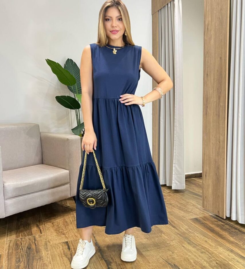 Vestido Longo Zury sem Bojo Comfort Cavado Azul Marinho - Fernanda Ramos Store