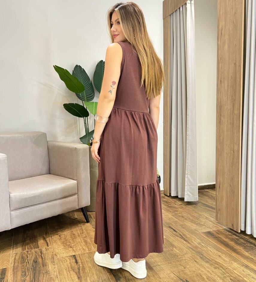 Vestido Longo Zury sem Bojo Comfort Cavado Marrom - Fernanda Ramos Store