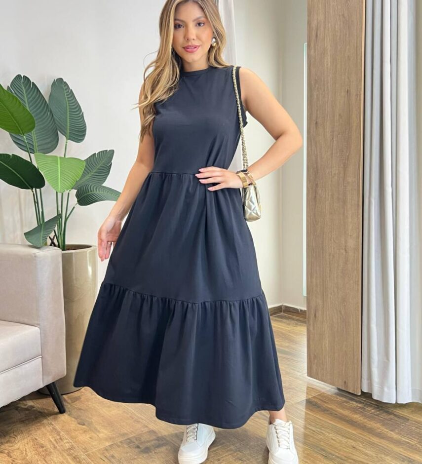 Vestido Longo Zury sem Bojo Comfort Cavado Preto - Fernanda Ramos Store
