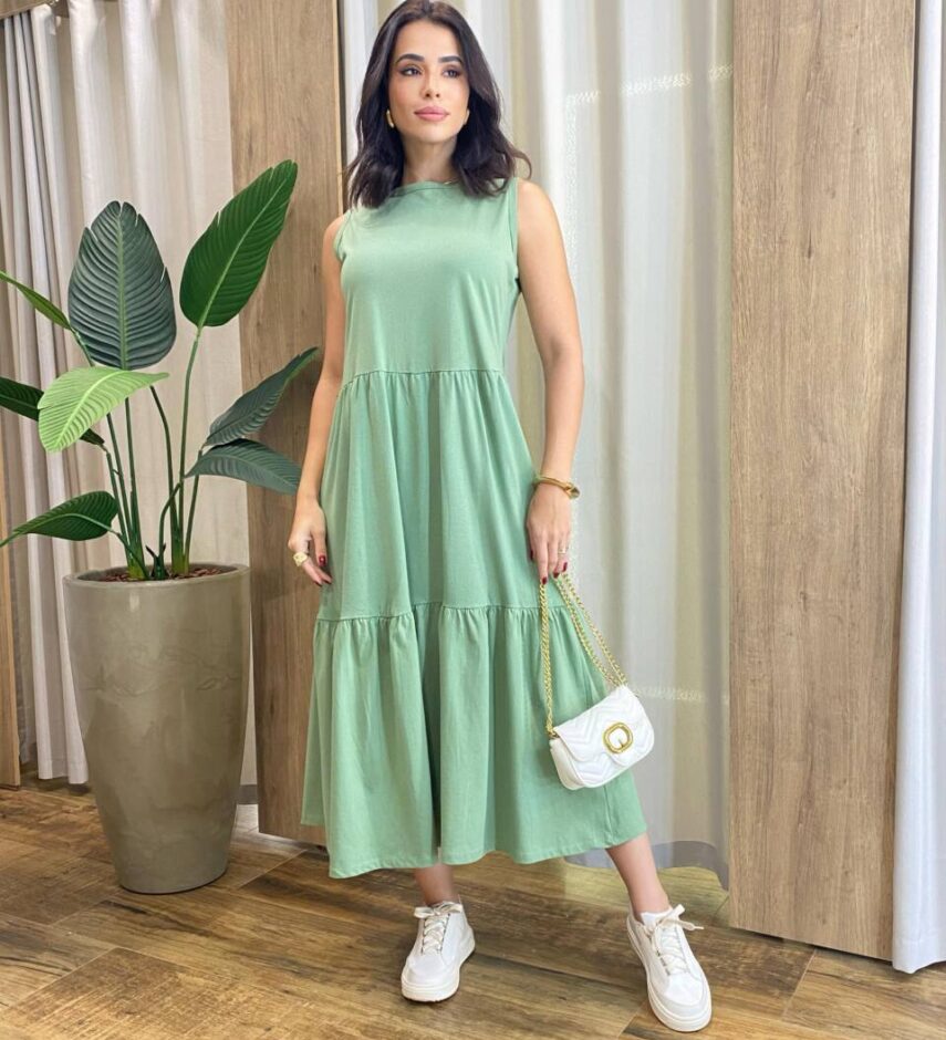 Vestido Longo Zury sem Bojo Comfort Cavado Verde Oliva - Fernanda Ramos Store