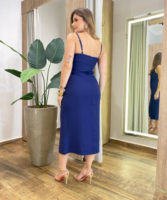 Vestido Midi Evelyn sem Bojo Fenda Lateral e Zíper Azul - Fernanda Ramos Store