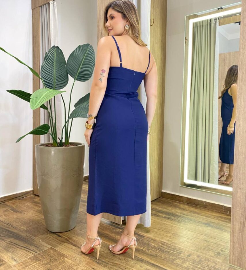Vestido Midi Evelyn sem Bojo Fenda Lateral e Zíper Azul - Fernanda Ramos Store