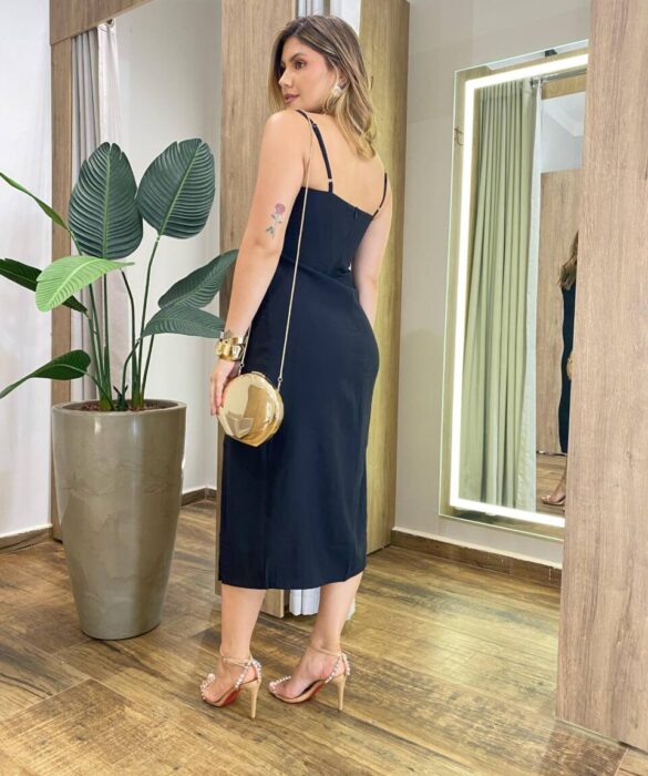 Vestido Midi Evelyn sem Bojo Fenda Lateral e Zíper Preto - Fernanda Ramos Store