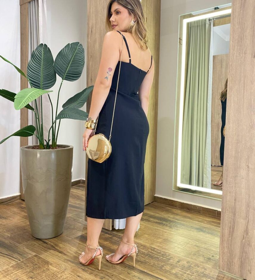 Vestido Midi Evelyn sem Bojo Fenda Lateral e Zíper Preto - Fernanda Ramos Store