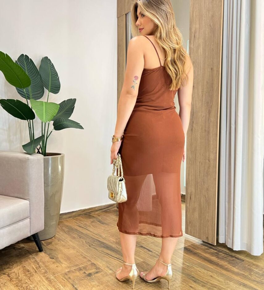 Vestido Midi Mya de Tule Alça Fina sem Bojo Marrom - Fernanda Ramos Store