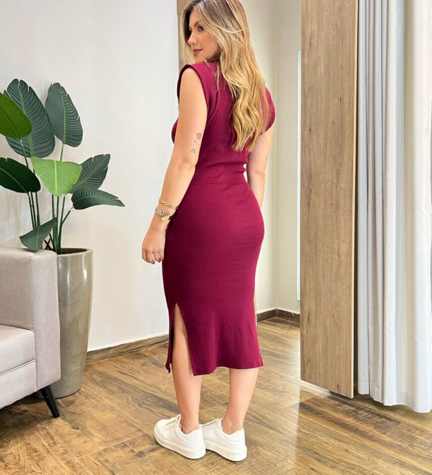 Vestido Midi sem Bojo Canelado Manga Muscle Tee com Bolsos Marsala - Fernanda Ramos Store