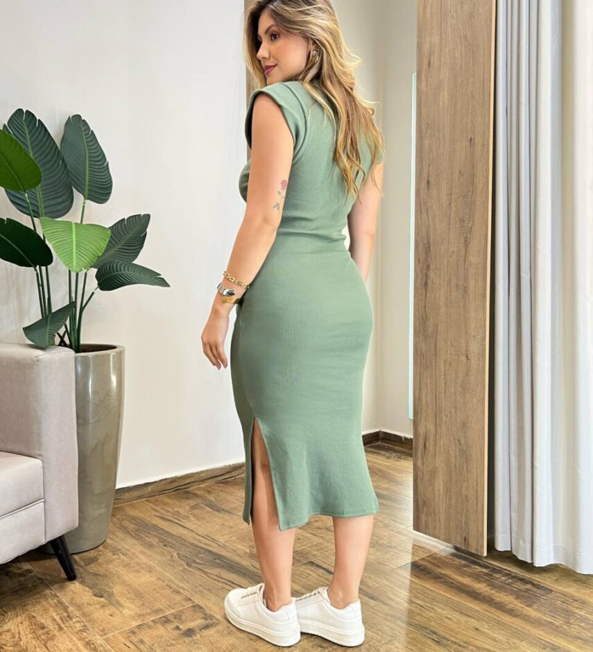 Vestido Midi sem Bojo Canelado Manga Muscle Tee com Bolsos Verde - Fernanda Ramos Store