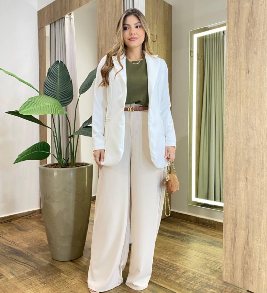 Blazer Feminino Boss Alfaiataria Manga Longa Bolso Falso Branco - Fernanda Ramos Store