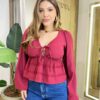 Blusa Bata Feminina com Bojo Manga Longa e Amarração Vinho - Fernanda Ramos Store