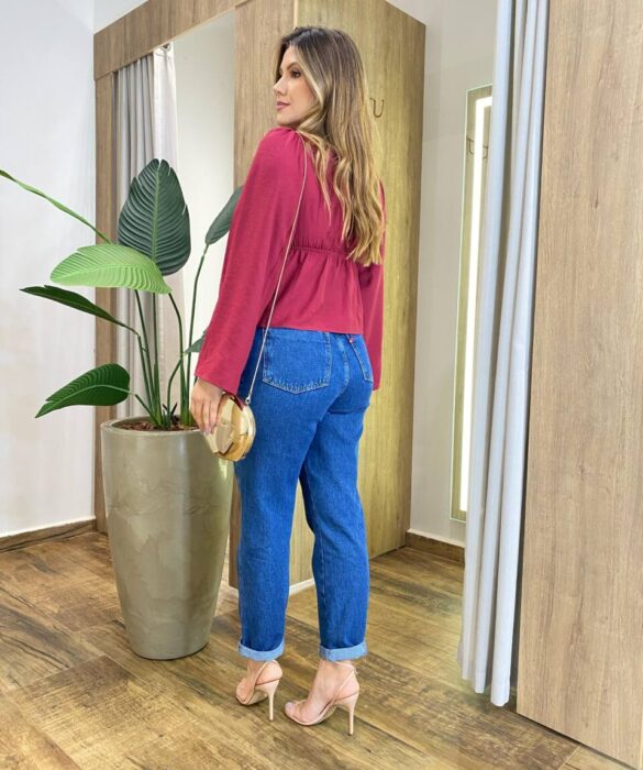 Blusa Bata Feminina com Bojo Manga Longa e Amarração Vinho - Fernanda Ramos Store
