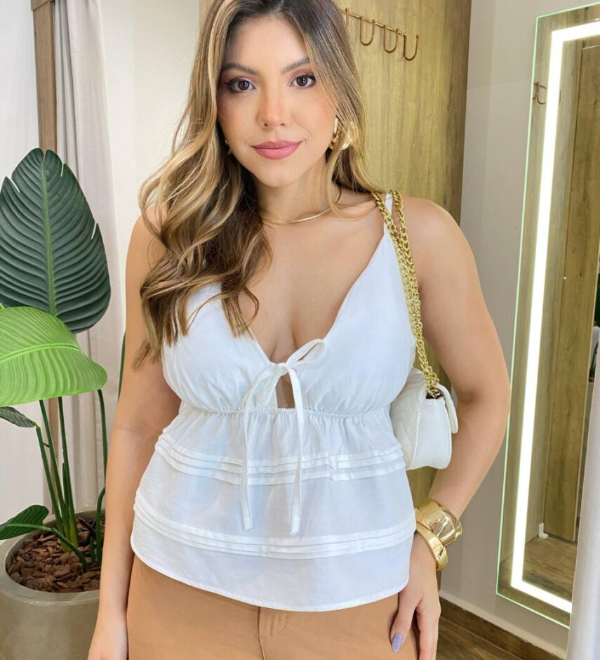 Blusa Bata Feminina Karina com Bojo e Amarração Off White - Fernanda Ramos Store
