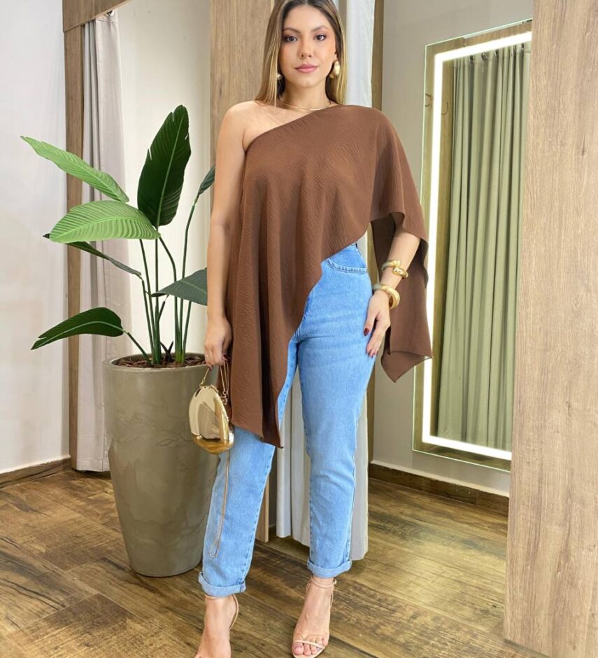 Blusa Bata Feminina Viscose com Cropped Assimétrica Marrom - Fernanda Ramos Store
