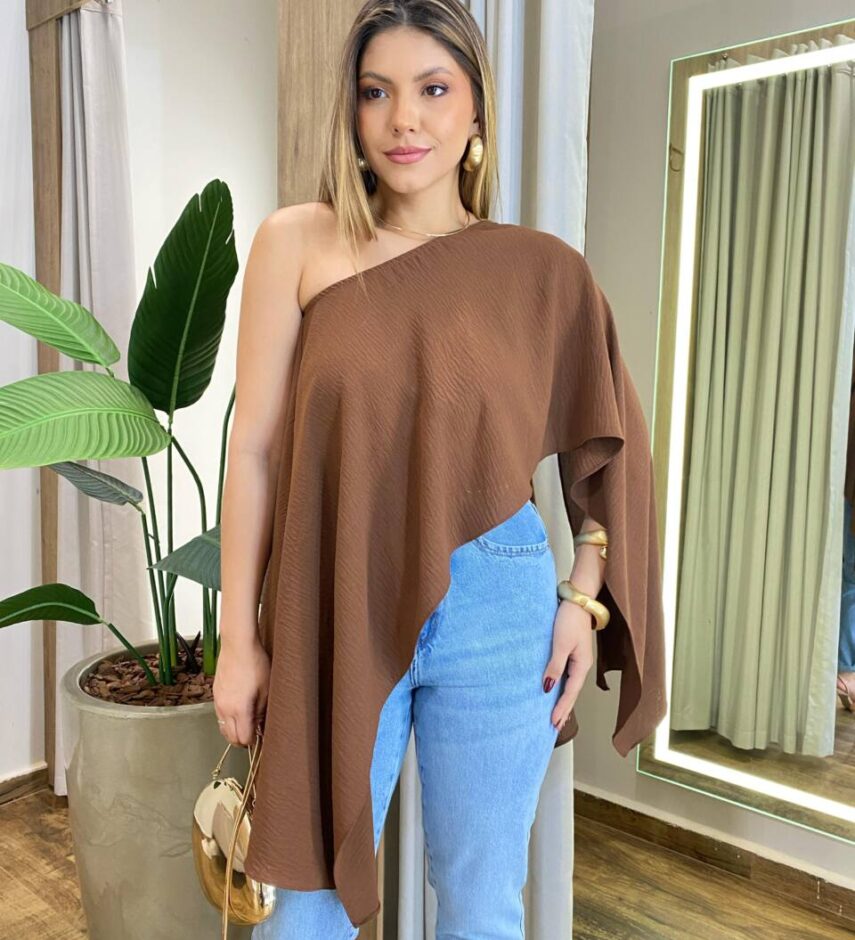 Blusa Bata Feminina Viscose com Cropped Assimétrica Marrom - Fernanda Ramos Store
