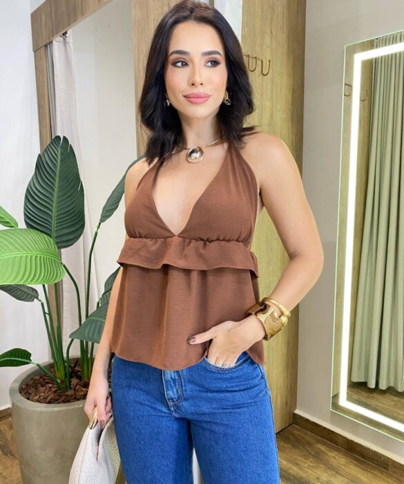 Blusa Feminina Crepe Stephani sem Bojo Frente Única Marrom - Fernanda Ramos Store