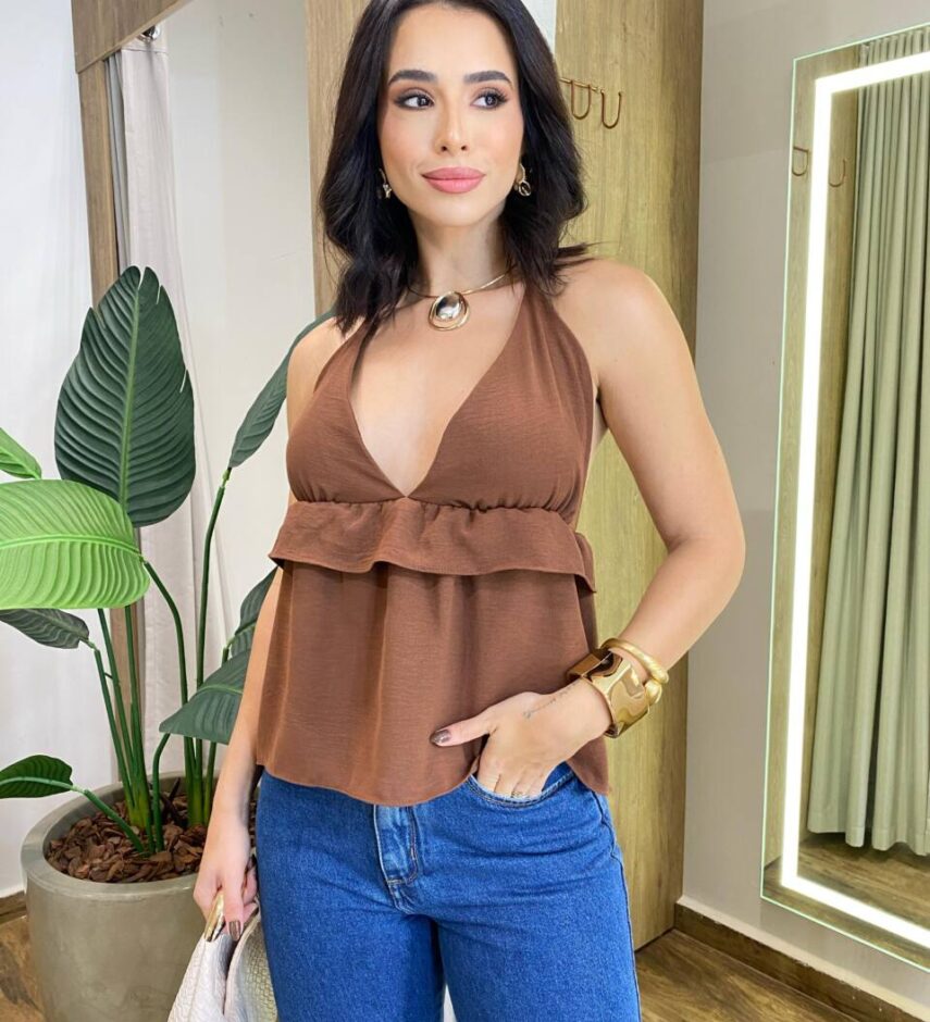 Blusa Feminina Crepe Stephani sem Bojo Frente Única Marrom - Fernanda Ramos Store