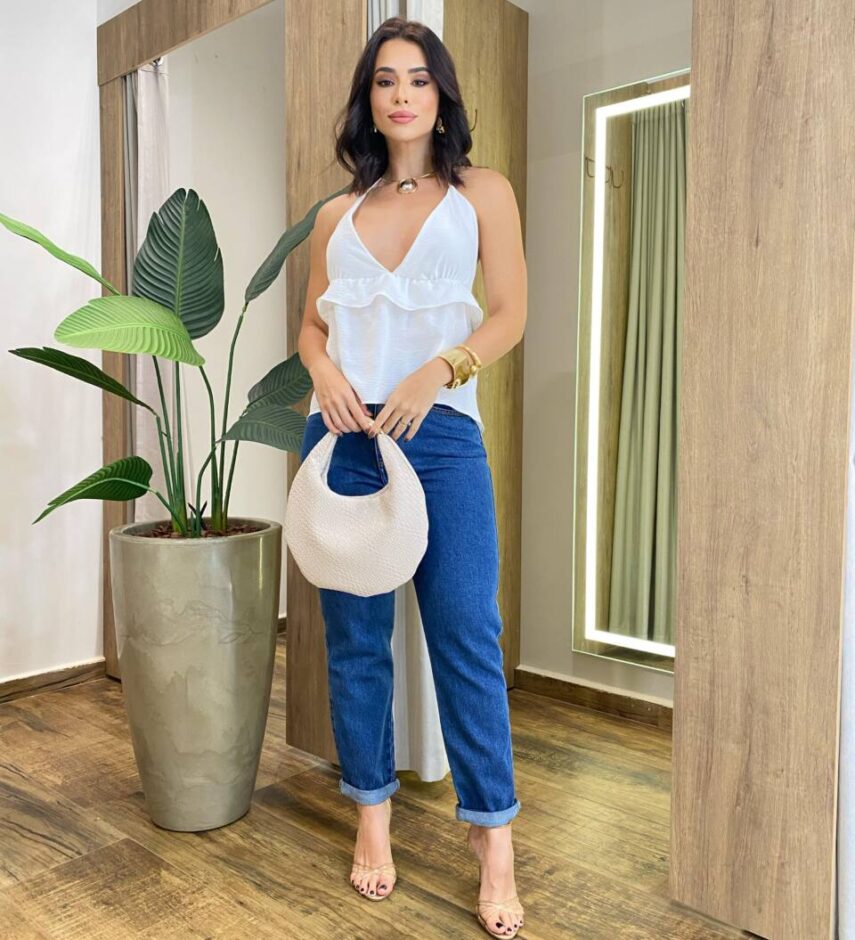 Blusa Feminina Crepe Stephani sem Bojo Frente Única Off White - Fernanda Ramos Store