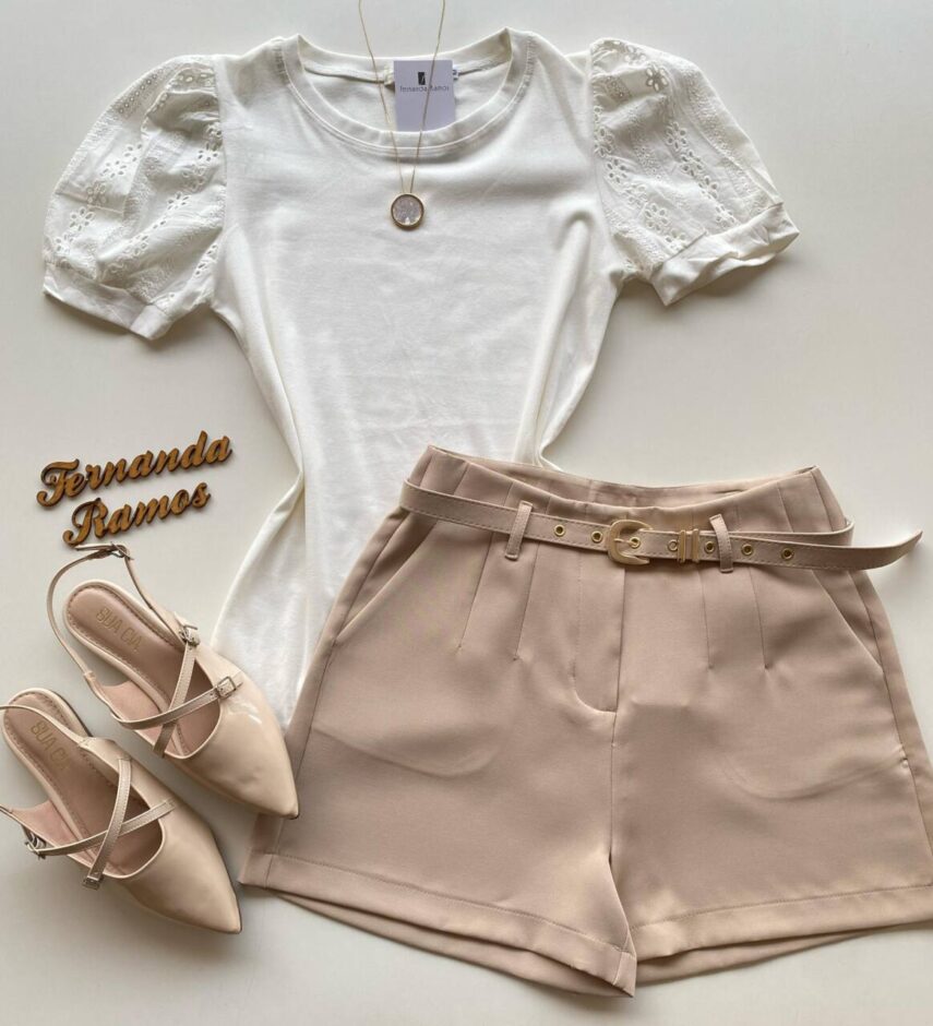 Blusa Feminina Manga Curta com Detalhes em Laise Off White - Fernanda Ramos Store