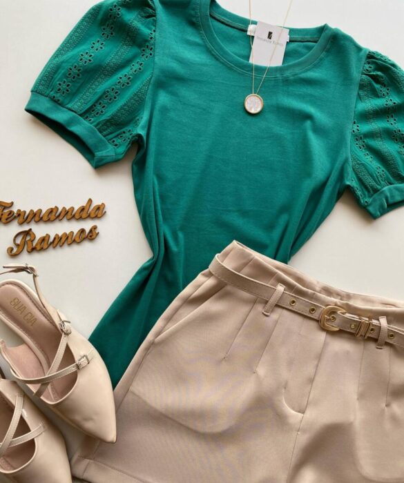 Blusa Feminina Manga Curta com Detalhes em Laise Verde - Fernanda Ramos Store