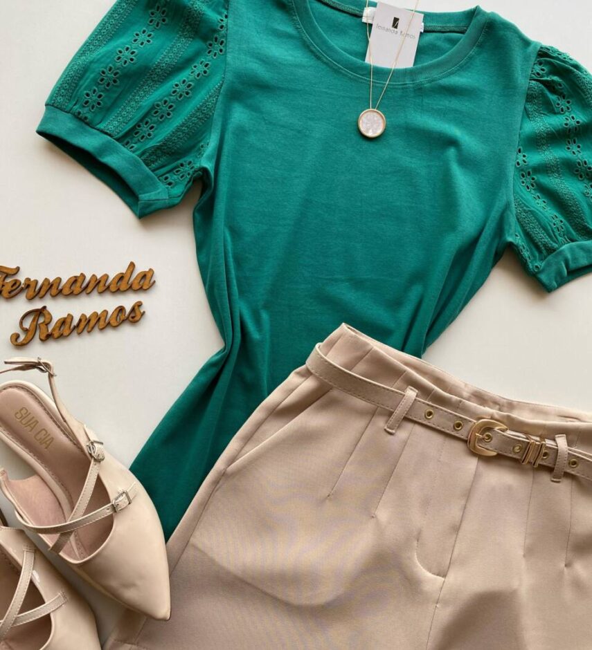 Blusa Feminina Manga Curta com Detalhes em Laise Verde - Fernanda Ramos Store