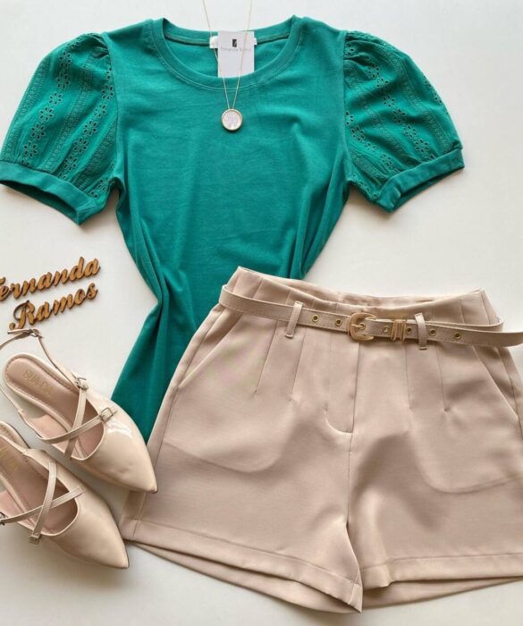 Blusa Feminina Manga Curta com Detalhes em Laise Verde - Fernanda Ramos Store