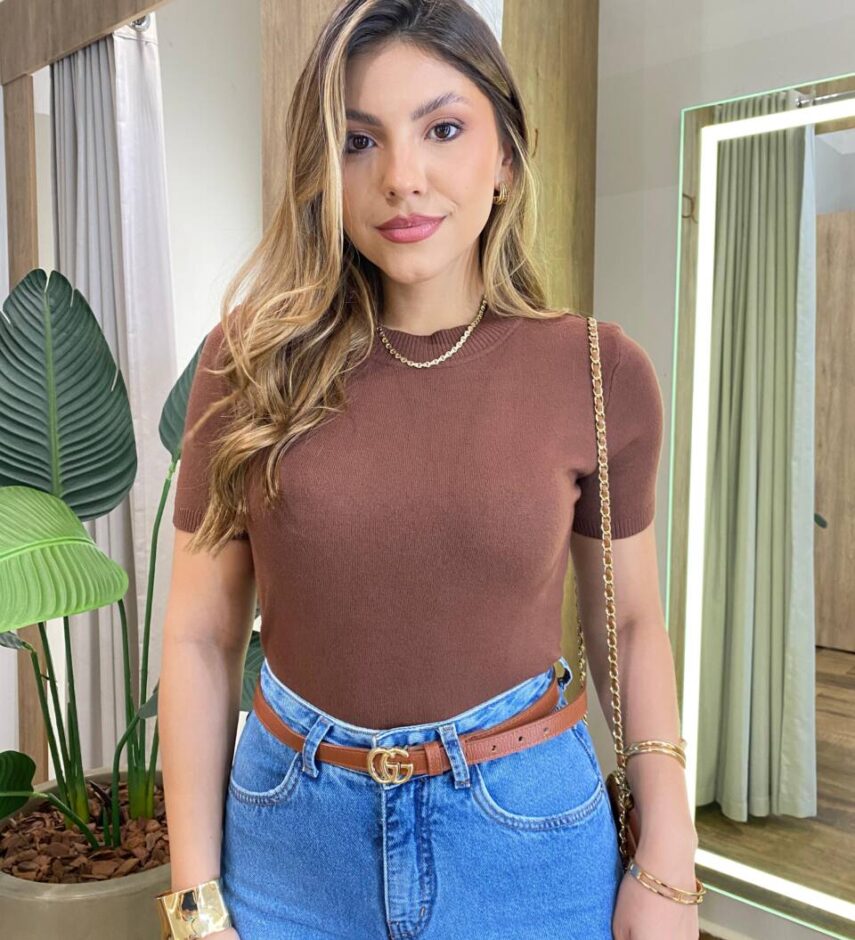 Blusa Feminina Manga Curta Modal Angélica W1069 Caramelo - Fernanda Ramos Store