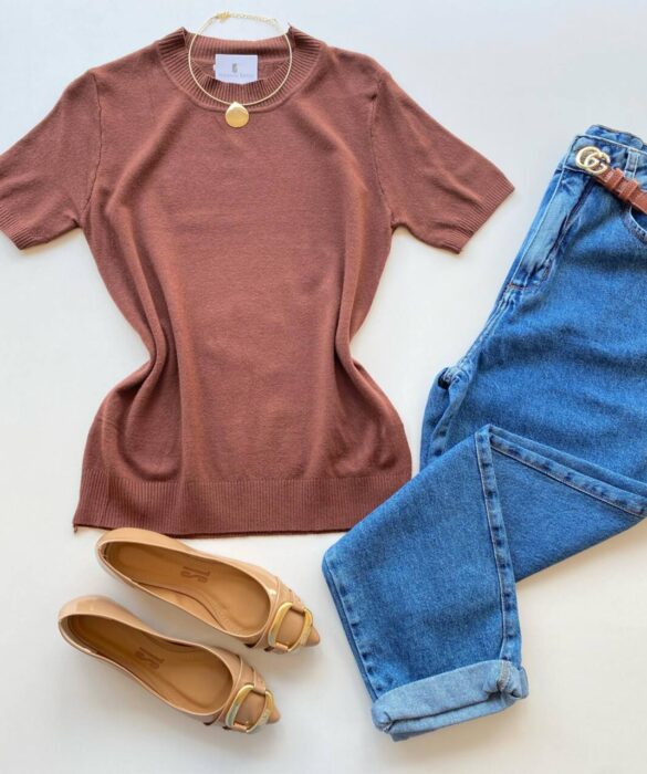 Blusa Feminina Manga Curta Modal Angélica W1069 Caramelo - Fernanda Ramos Store