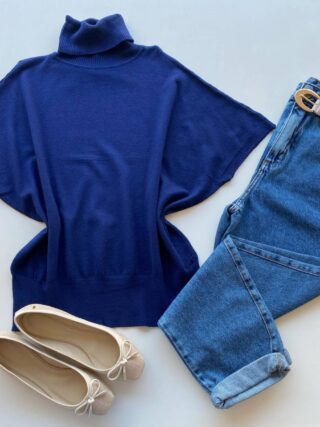 Blusa Feminina Manga Curta Modal Gola Alta W15 Azul - Fernanda Ramos Store