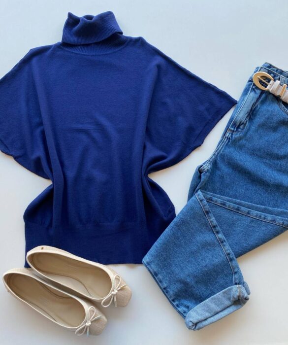 Blusa Feminina Manga Curta Modal Gola Alta W15 Azul - Fernanda Ramos Store