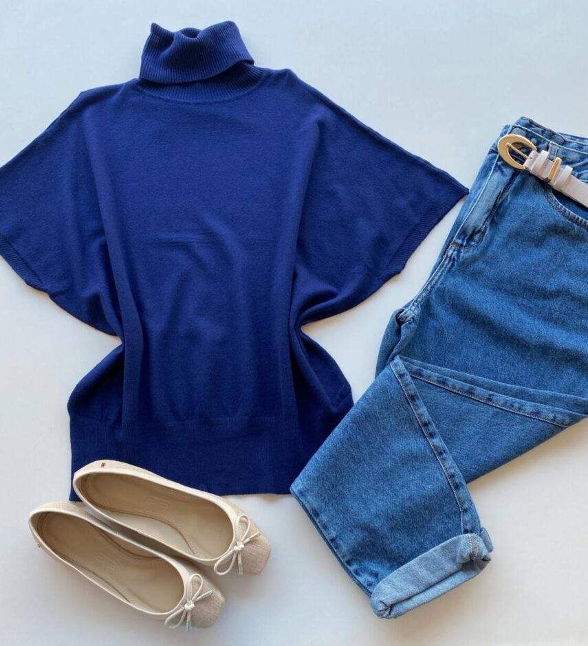 Blusa Feminina Manga Curta Modal Gola Alta W15 Azul - Fernanda Ramos Store