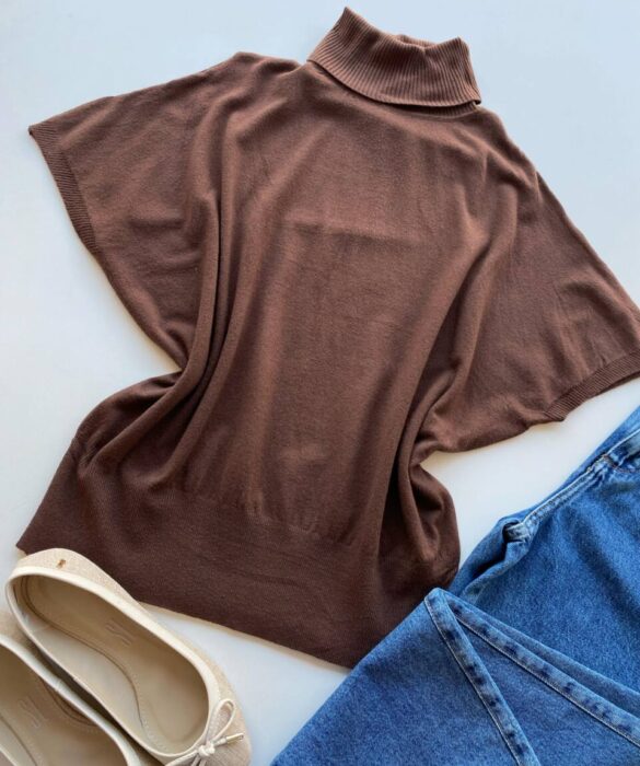 Blusa Feminina Manga Curta Modal Gola Alta W15 Marrom - Fernanda Ramos Store