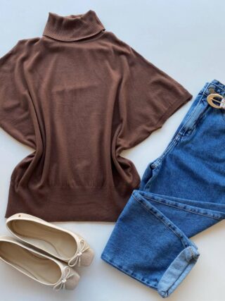 Blusa Feminina Manga Curta Modal Gola Alta W15 Marrom - Fernanda Ramos Store