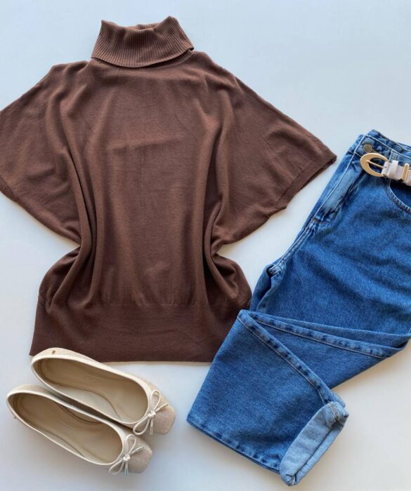 Blusa Feminina Manga Curta Modal Gola Alta W15 Marrom - Fernanda Ramos Store