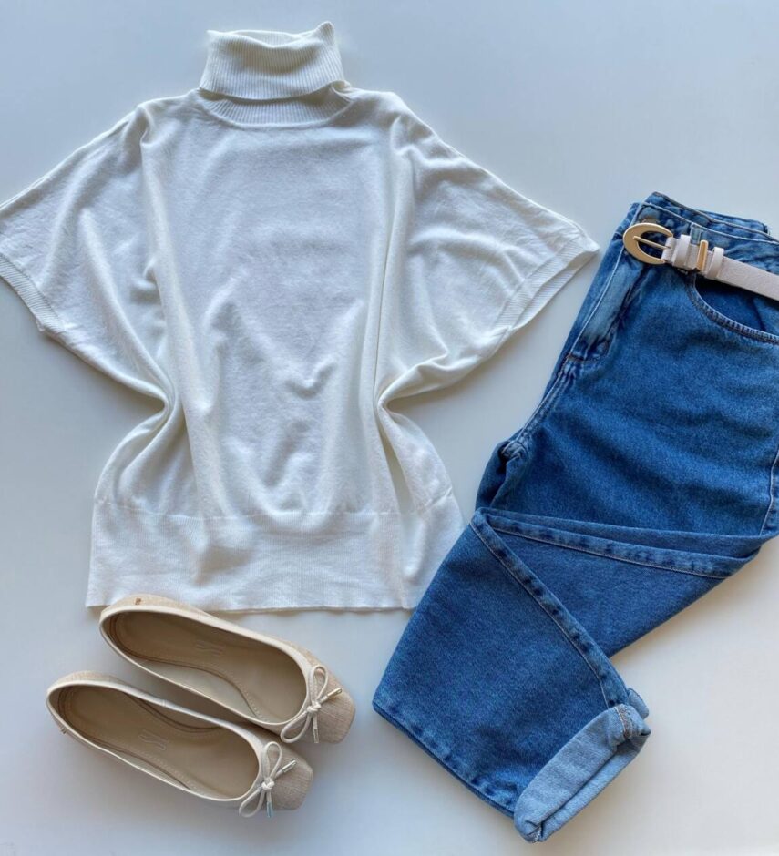 Blusa Feminina Manga Curta Modal Gola Alta W15 Off White - Fernanda Ramos Store