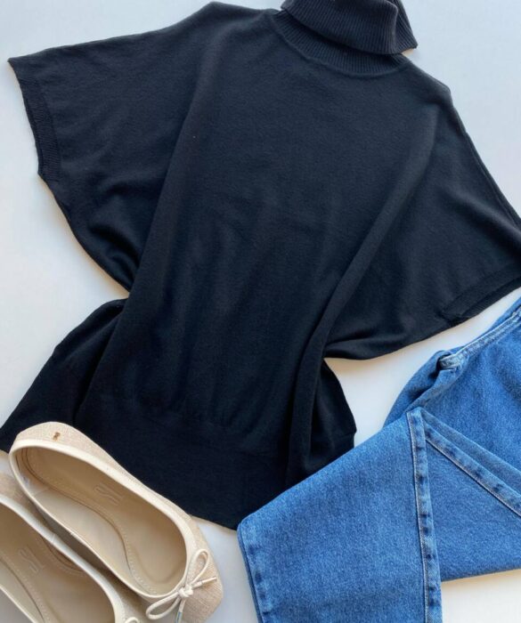 Blusa Feminina Manga Curta Modal Gola Alta W15 Preta - Fernanda Ramos Store