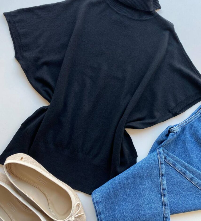 Blusa Feminina Manga Curta Modal Gola Alta W15 Preta - Fernanda Ramos Store