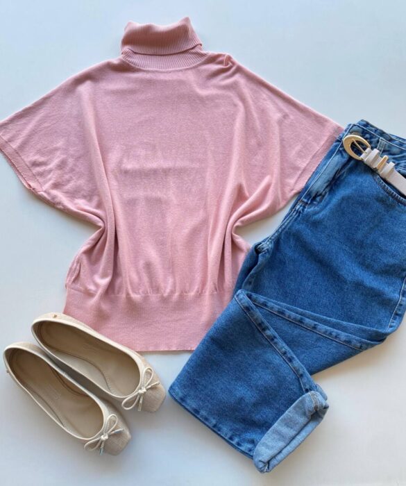 Blusa Feminina Manga Curta Modal Gola Alta W15 Rosa - Fernanda Ramos Store