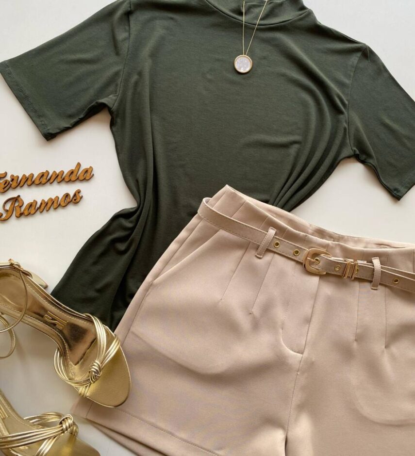 Blusa Feminina Marsha Malha Manga Curta e Gola Alta Verde - Fernanda Ramos Store