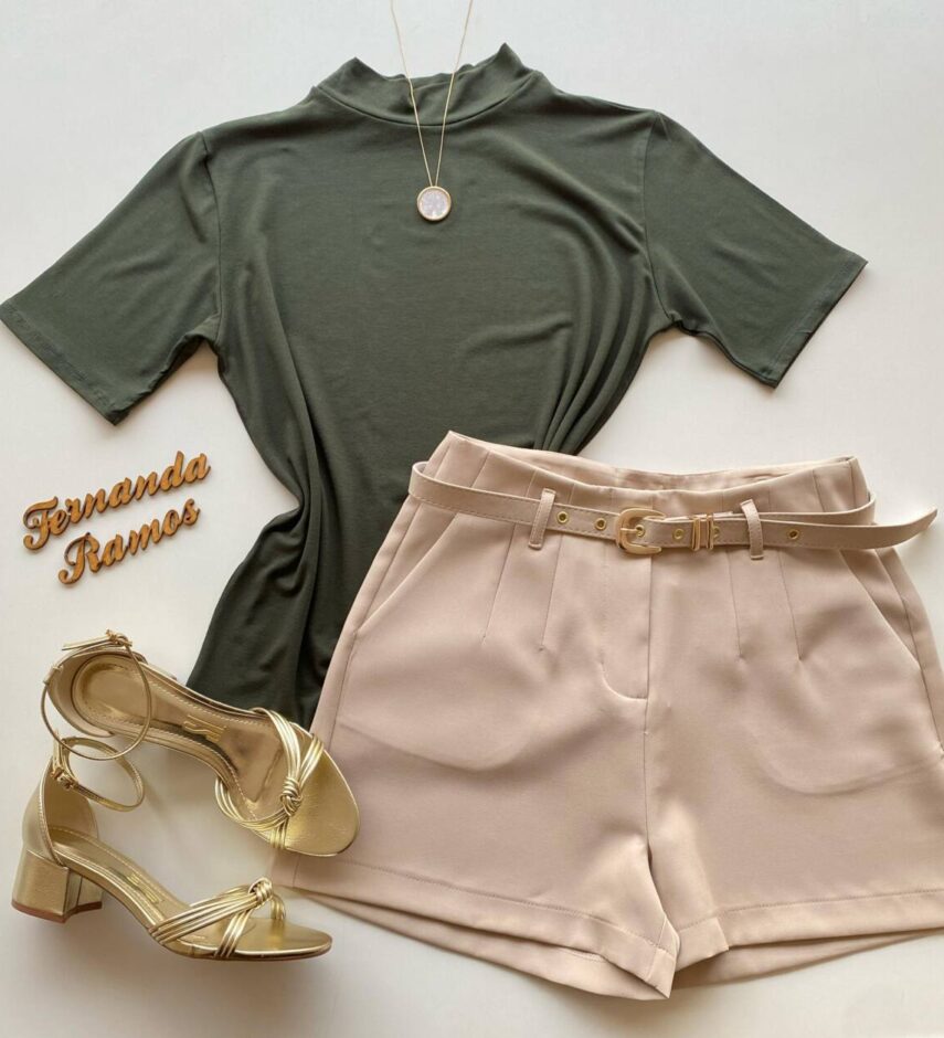 Blusa Feminina Marsha Malha Manga Curta e Gola Alta Verde - Fernanda Ramos Store