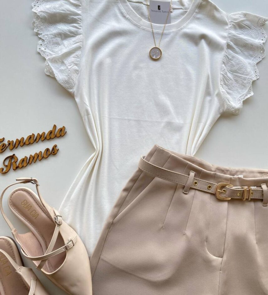 Blusa Feminina Tee Muscle com Detalhes Bordado Off White - Fernanda Ramos Store