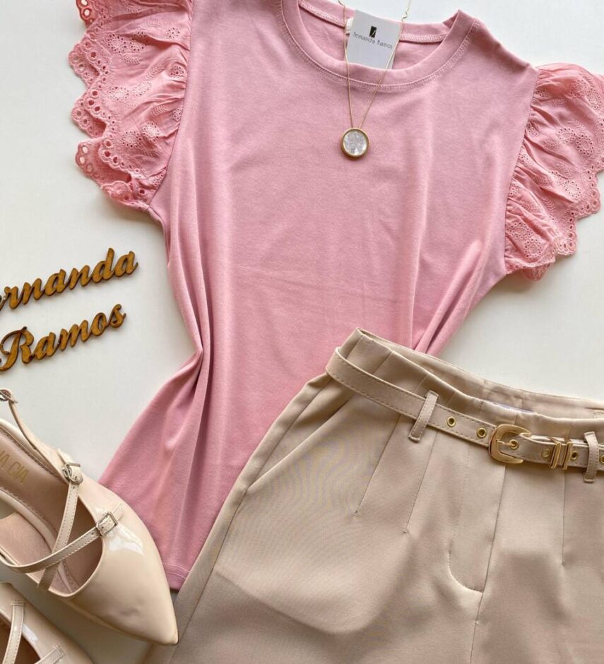 Blusa Feminina Tee Muscle com Detalhes Bordado Rosa - Fernanda Ramos Store