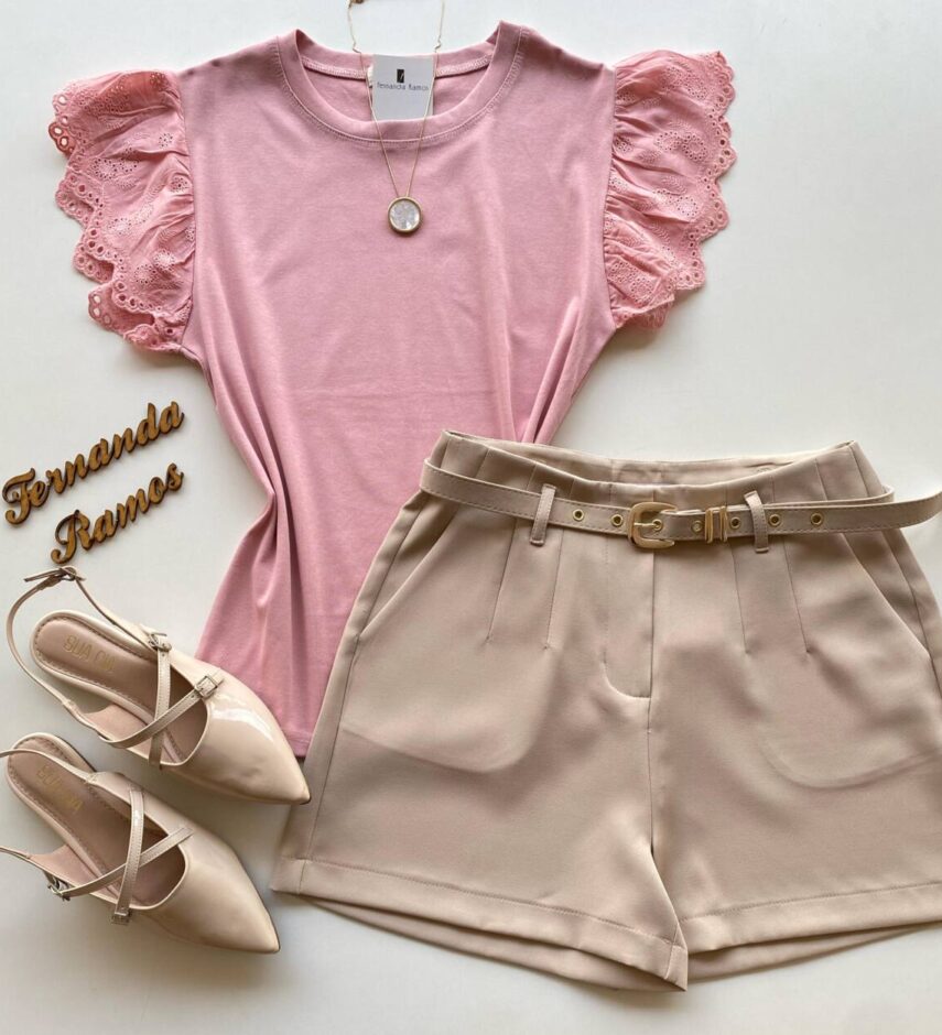 Blusa Feminina Tee Muscle com Detalhes Bordado Rosa - Fernanda Ramos Store