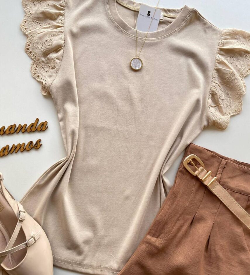 Blusa Feminina Tee Muscle com Detalhes Bordado Nude - Fernanda Ramos Store