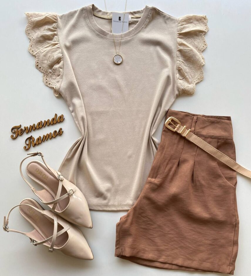 Blusa Feminina Tee Muscle com Detalhes Bordado Nude - Fernanda Ramos Store