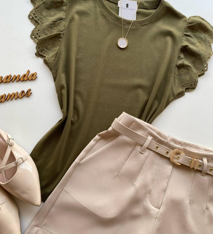 Blusa Feminina Tee Muscle com Detalhes Bordado Verde Musgo - Fernanda Ramos Store
